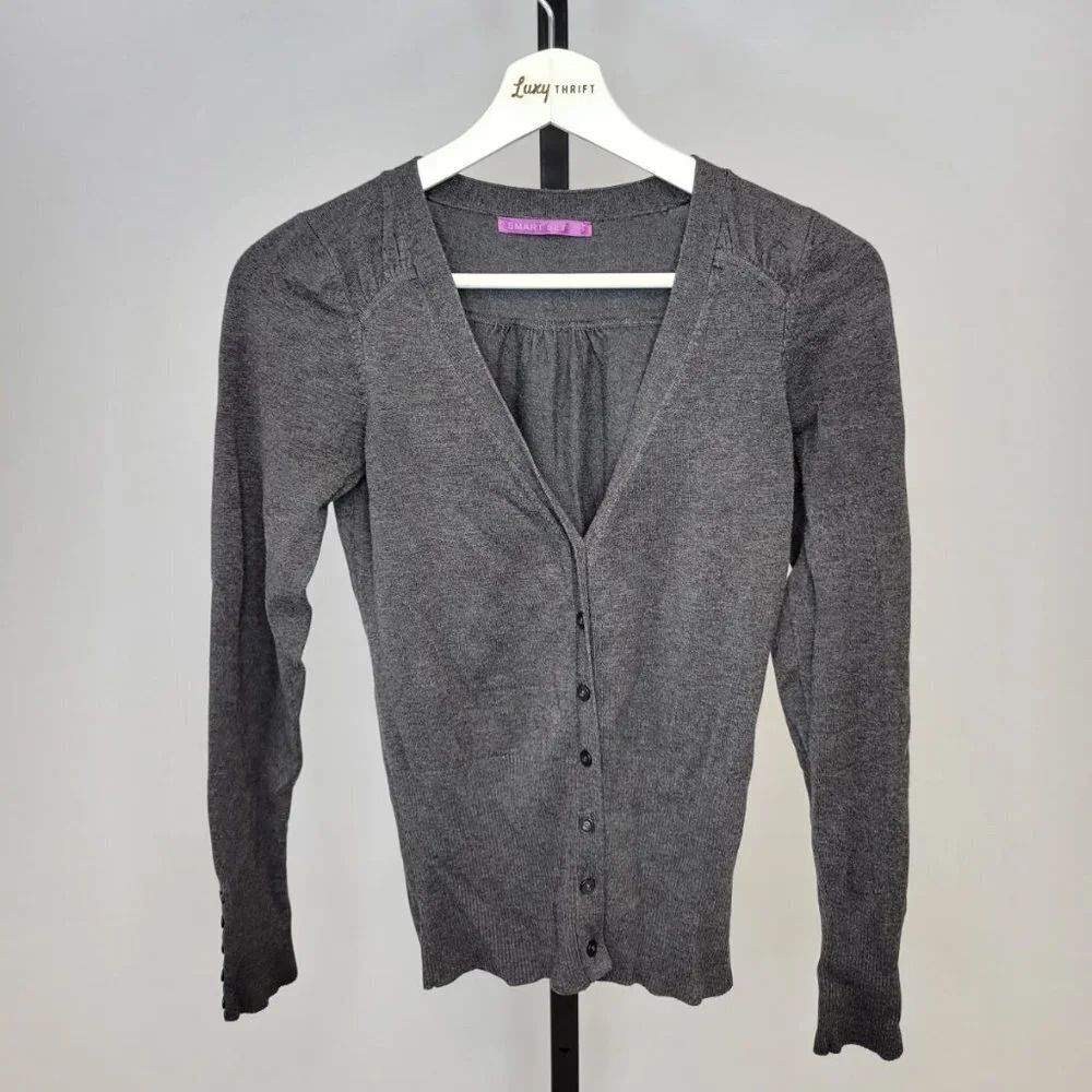 Smart Set Button Front Cardigan, Grey, Size Small